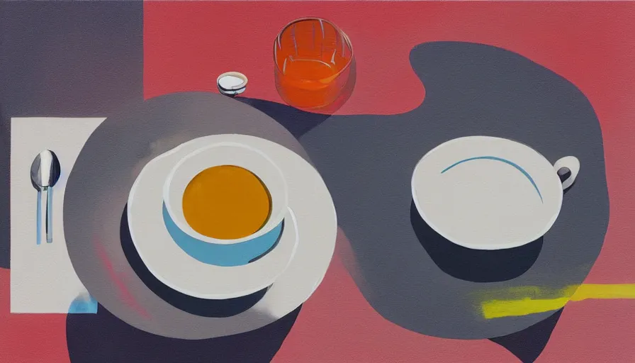 Prompt: centered place setting with tea and a giant tonkotsu ramen bowl filled with Japan travel and adventure, isolated on a minimalist white acrylic base coat, acrylic airbrush collage-painting by Jules Julien, Leslie David and Lisa Frank, muted colors with predominant white background minimalism, neon color mixed media painterly details, neo-classical composition, rule of thirds, design tension, impactful graphic design