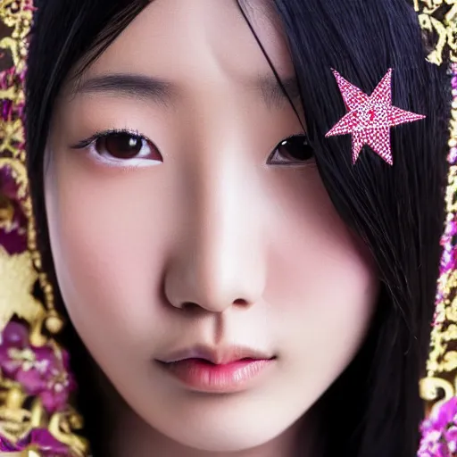 Image similar to close up, portrait of 18 years old female japanese jew model wearing javanese costume with star of david Jew symbols, photography, realistic, Zeiss camera