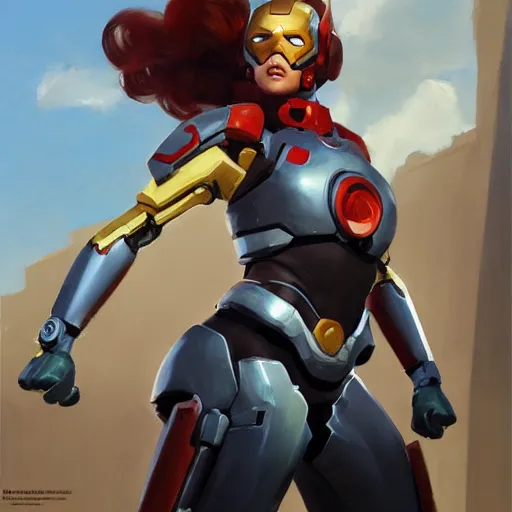 Image similar to greg manchess portrait painting of a female ironman as overwatch character, medium shot, asymmetrical, profile picture, organic painting, sunny day, matte painting, bold shapes, hard edges, street art, trending on artstation, by huang guangjian, gil elvgren, ruan jia, greg rutkowski, gaston bussiere