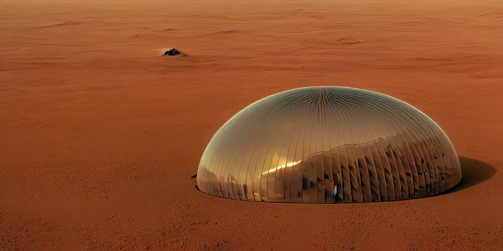 Image similar to a strange huge transparent pvc inflated organic architecture building black matte by jonathan de pas sits in the planet mars landscape, golden hour, film still from the movie directed by denis villeneuve with art direction by zdzisław beksinski, close up, telephoto lens, shallow depth of field