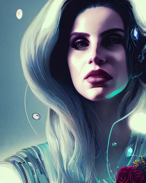 Image similar to portrait of lana del rey as a cyberpunk cyborg. intricate abstract. intricate artwork, tear drops, roses, by tooth wu, wlop, beeple, dan mumford. concept art, octane render, trending on artstation, greg rutkowski, asymmetrical, cinematic arthouse, key art, hyper realism, iridescent accents