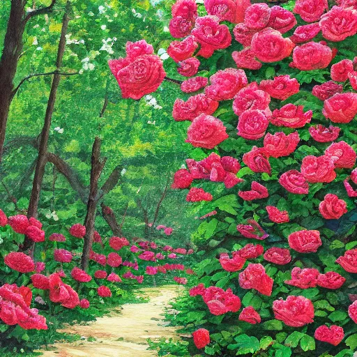 Image similar to pixiv scenery art of a rose forest