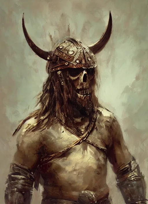 Image similar to portrait painting of viking berserker with a dinosaur skull headdress, by jeremy mann, only one head single portrait