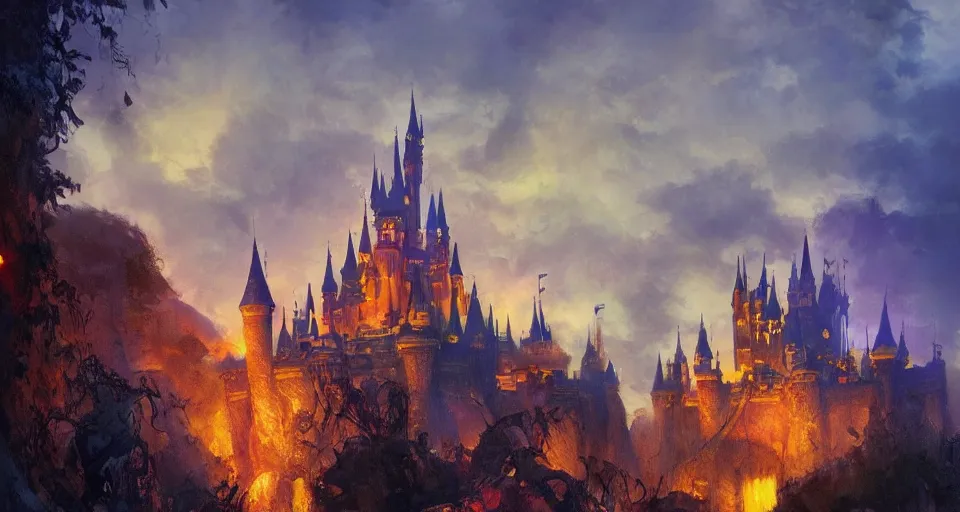 Image similar to happy disney castle rising up from the mist in the morning silhouetted by a single huge blood, anders zorn, thomas kincade, trending on artstation, lava, dungeons and dragons, saturated colors, fun, happy, colorful