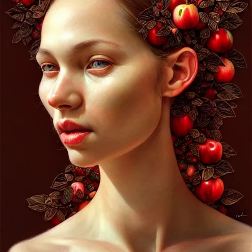 Image similar to portrait made of apples and fruit, fantasy, intricate, elegant, highly detailed, lifelike, photorealistic, digital painting, artstation, illustration, smooth, sharp focus, art by albert aublet, krenz cushart, artem demura, giuseppe arcimboldo