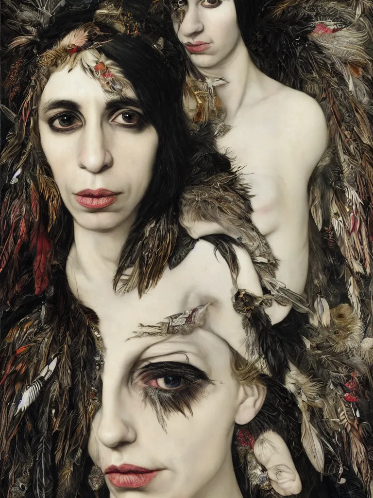 Prompt: Detailed maximalist stunning portrait of PJ Harvey with cracked porcelain skin, dark doe eyes, feathers and milks, HD mixed media, 3D collage, highly detailed and intricate, masterpiece, award-winning, surreal illustration in the style of Caravaggio, dark art, baroque