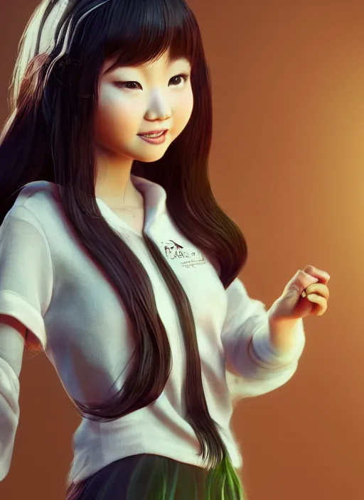 Image similar to a cute asian girl singing, flowing hair in the style of pixar animation, full body shot, viewed from bellow, award winning, hyper detailed, studio lighting, artstation, octane renderer, unreal engine