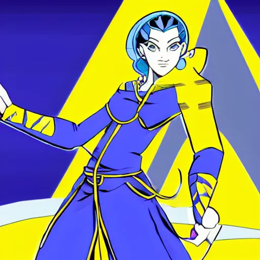 Prompt: a jojo bizarre adventures artstyle drawing : Marie the mother of Jesus dressing blue and yellow next to the pyramids