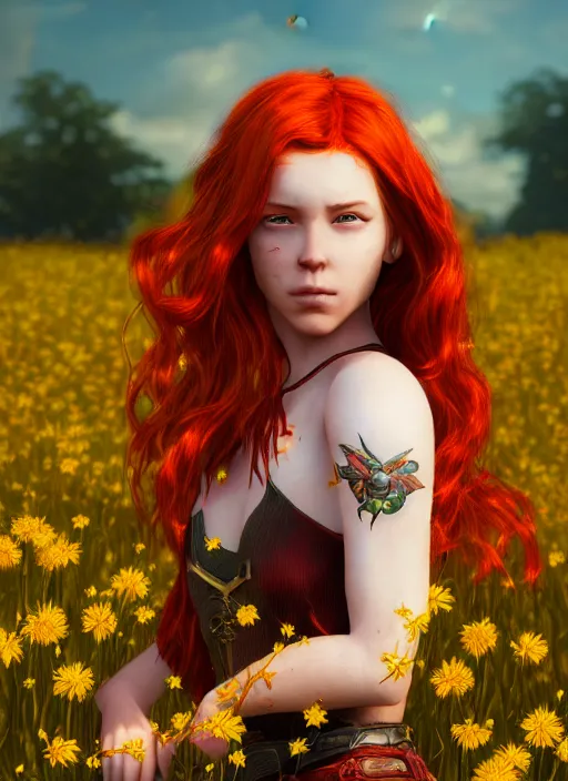 Image similar to An epic fantasy comic book style portrait painting of a young red headed girl with a small golden bee tattoo on her shoulder in a field of flowers , unreal 5, DAZ, hyperrealistic, octane render, cosplay, RPG portrait, dynamic lighting