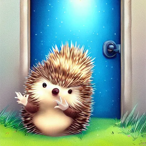 Image similar to cute adorable hedgehog opening the door, waving, smiling, cute, hedgehog, by cyril rolando