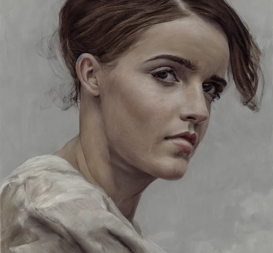 Prompt: high quality high detail painting by lucian freud, hd, portrait of emma watson on the moon