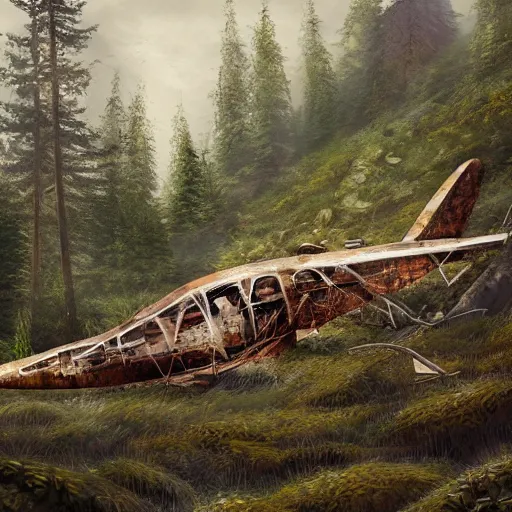 Image similar to an old plane crashed on a hill, there is a forest in the background, texture, intricate, details, highly detailed, masterpiece, architecture, building, trending on artstation, focus, sharp focus, concept art, digital painting, fantasy, sunny, day, midday
