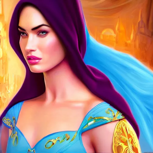 Prompt: a portrait of an arabian princess in a disney movie, megan fox, oil painting, pale colors, high detail, 8 k, wide angle, trending on artstation,