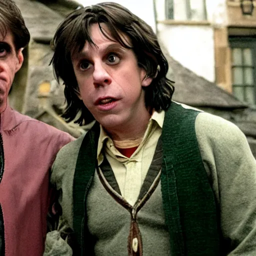 Prompt: Ben stiller as Harry Potter on running with hagrid