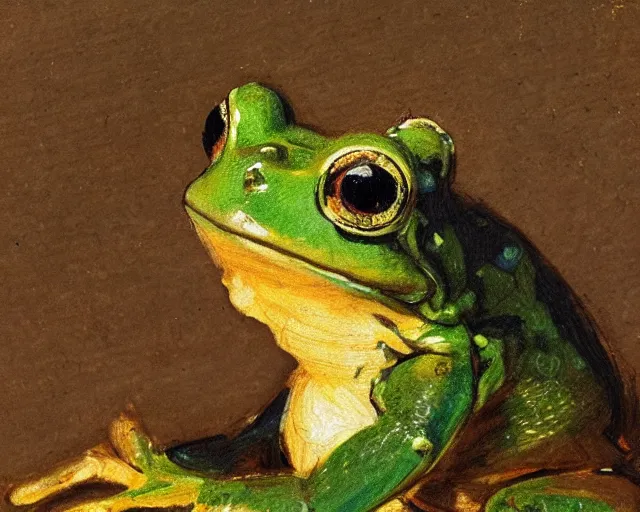 Prompt: portrait of a frog feeling like an elephant, impressionism painting with oil sticks on old cardboard box, cinematic color palette, Rembrandt light