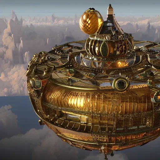 Image similar to enormous flying city in a faberge egg, sky!, steampunk, masterpiece, unreal engine