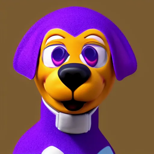 Image similar to an 3d render of a purple dog character, in the style of disney, pixar, mixed media collage, highly detailed, 8k resolution