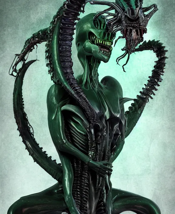 Prompt: xenomorph queen goth meditating model hybrid, dragon eggs, dark emerald mist colors, giger background liminal void, cinematic lighting, realistic, award winning photograph, various refining methods, micro macro autofocus