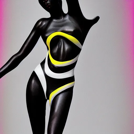 Image similar to extremely beautiful female black marble statue in the style of virgil abloh, colorful motocross logos behind her, sharp focus, clear, detailed,, cinematic, detailed, off white, glamourous, symmetrical, vogue, editorial, fashion, magazine shoot, glossy