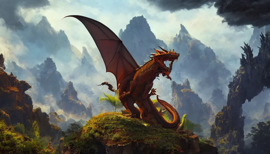 Prompt: excellent painted dragon in a phantastic landscape under bright daylight with fluffy clouds, set in the world of Zendikar, painted by Hans Fredrik Gude, Greg Rutkowksi, Craig Mullins and Artgerm, concept art 2022, 4k, octane render