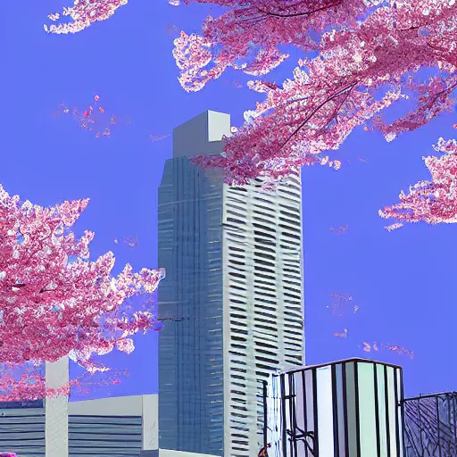 Image similar to cherry blossoms wrapping around a tall sky rise building in an abandoned city, digital art highly detailed, award winning