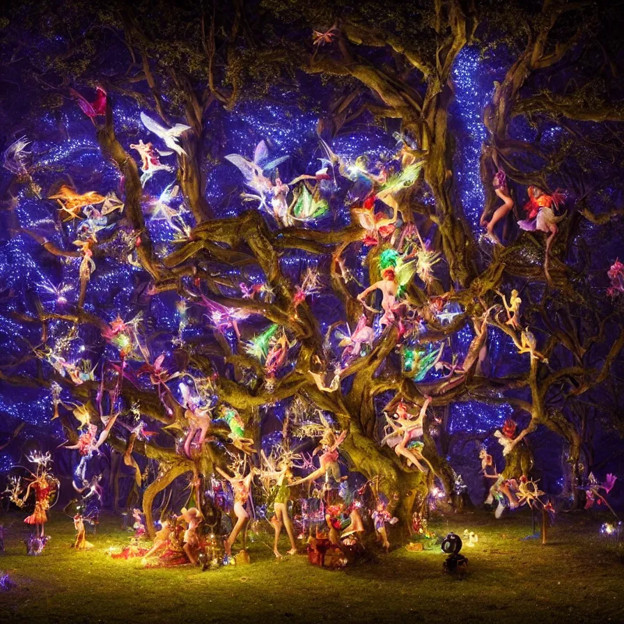 Prompt: photography award of a night carnival fairies around a magical tree, christmas lights, creatures and fantastic people disguised as fantastic creatures in a magical forest by summer night, masterpiece photography by gregory crewdson and john anster fitzgerald, volumetric lightning