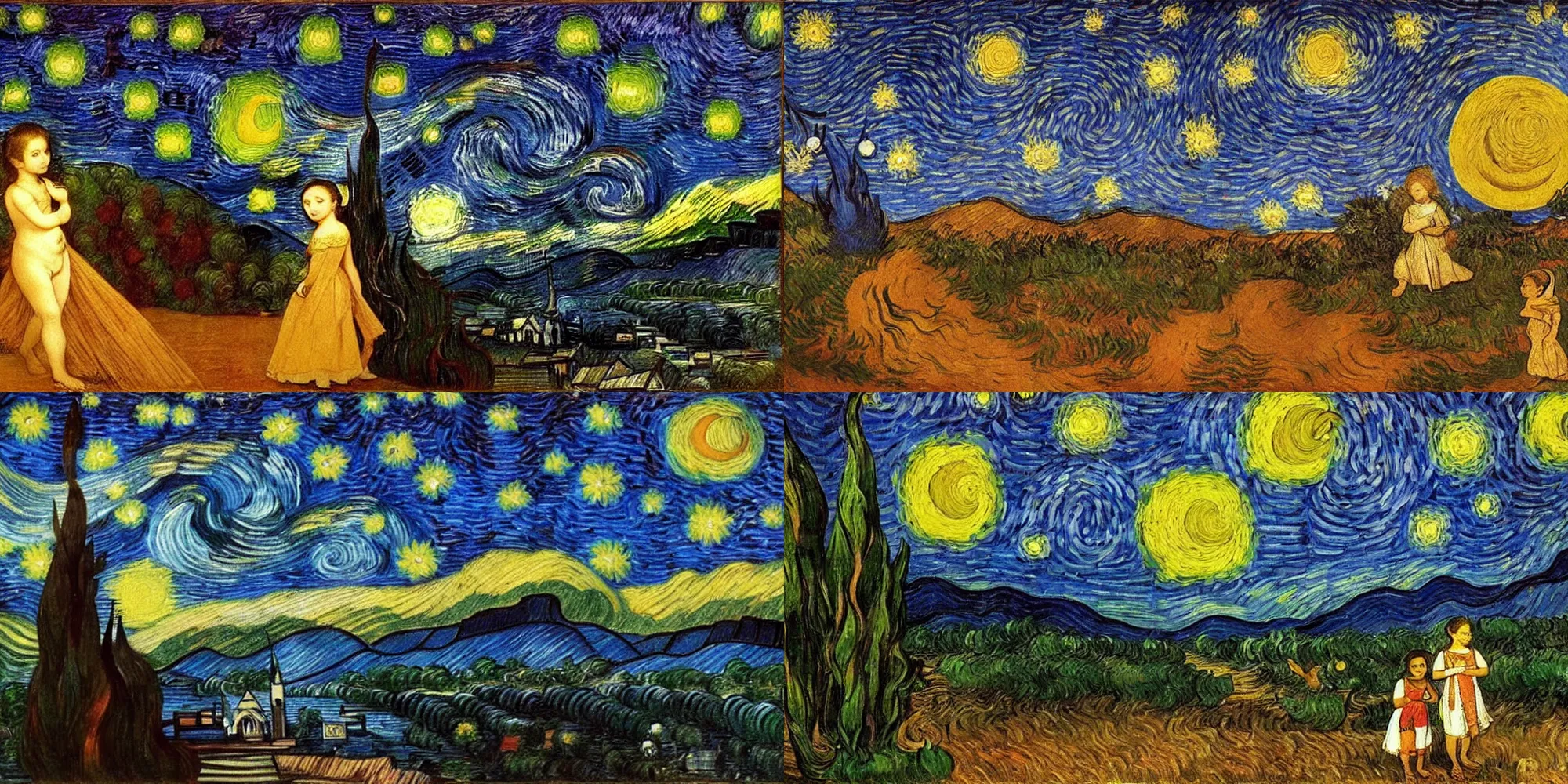 Prompt: a collaborative painting of kerala by leonardo da vinci and van Gogh, starry nights, a little girl looking up in wonder in the foreground