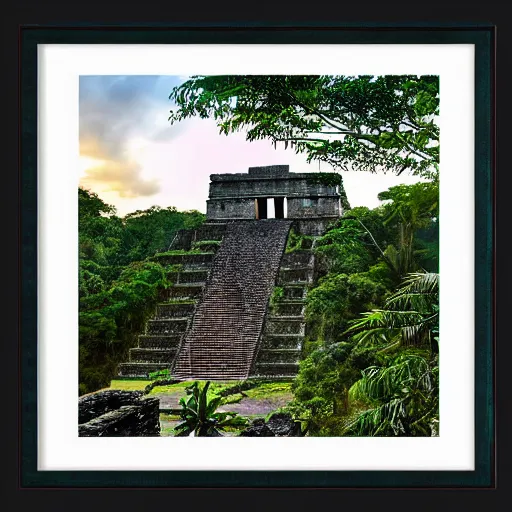 Prompt: Beautiful picturesque Mayan ruins in a lush mountainous jungle at sunrise. Beautiful light. Water and plants. Beautiful detailed watercolor by Lurid. (2022). 4K.