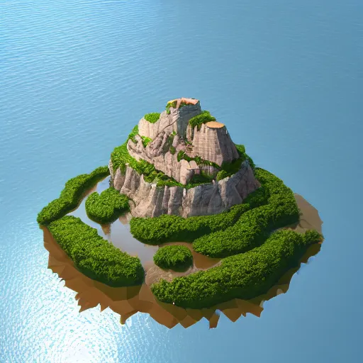 Prompt: a floating island with lago di sorapis landscape on an aquatic environment isometric art, low poly art, game art, artstation, 3D render, high detail, cgsociety, octane render, sharp focus