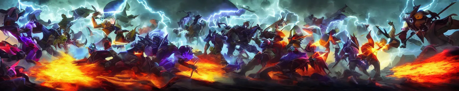Prompt: an enourmous battlefield between the forces of the dire versus the forces of the radiant from dota 2, visible are 1 0 heroes from the dota 2 universe, everyone is throwing spells or attacks, vicious fight, dynamic angles, low - angle shot, ominous clouds, lightnings, detailed digital painting,