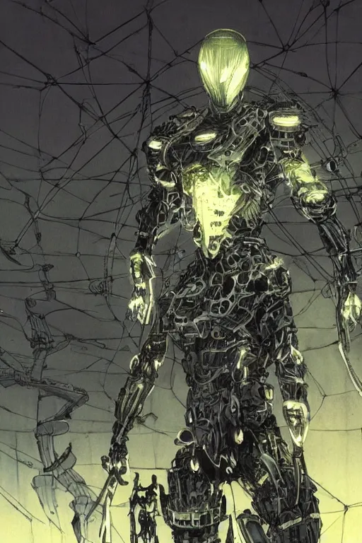 Image similar to cyborg warrior in nanosuit with powerful biological muscle augmentation, at dusk, a color illustration by tsutomu nihei and tetsuo hara