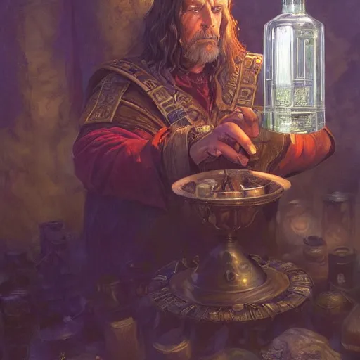 Prompt: The potion seller offers you his strongest of potions, D&D fantasy, portrait art by Donato Giancola and James Gurney, digital art, trending on artstation