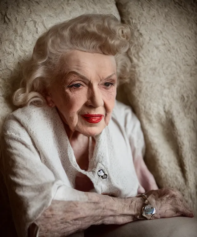 Image similar to dslr photo portrait still of 1 0 year old age 1 0 0 marilyn monroe at age 3 5!!!, 8 5 mm f 1. 8