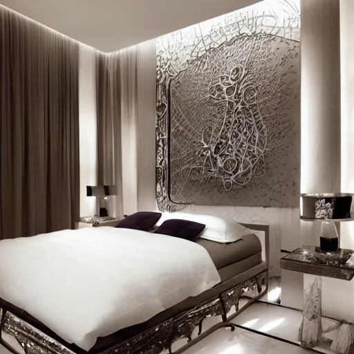 Prompt: a cozy bedroom decorated by zaha hadid, detailed, high resolution, wow!, intricate