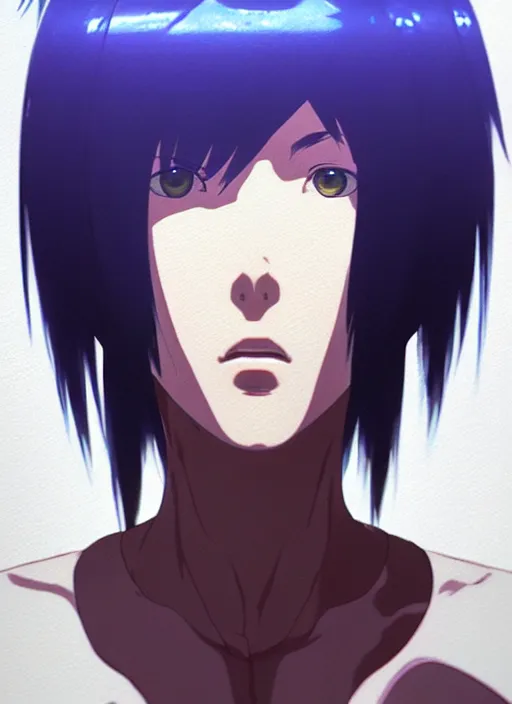 Image similar to a film still portrait of a motoko kusanagi ghost in the shell, finely detailed features, closeup at the faces, perfect art, at a cyberpunk city, gapmoe yandere grimdark, trending on pixiv fanbox, painted by greg rutkowski makoto shinkai takashi takeuchi studio ghibli, akihiko yoshida