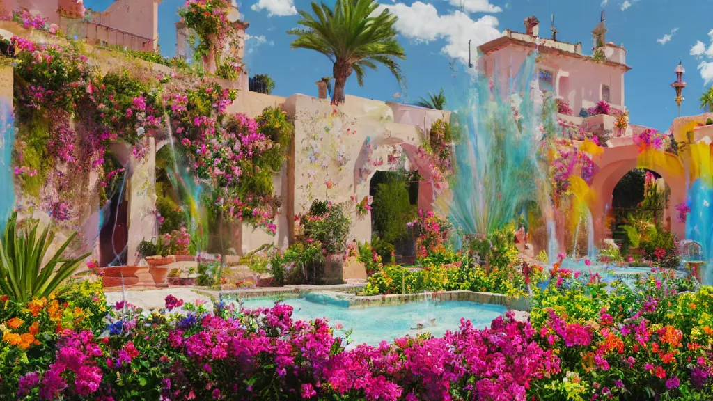 Image similar to andalusian patio full of flowers, colorful surrealist composition, fountain inside, dreamy scenario, sunny sky, open plan, ropes around walls, unreal engine