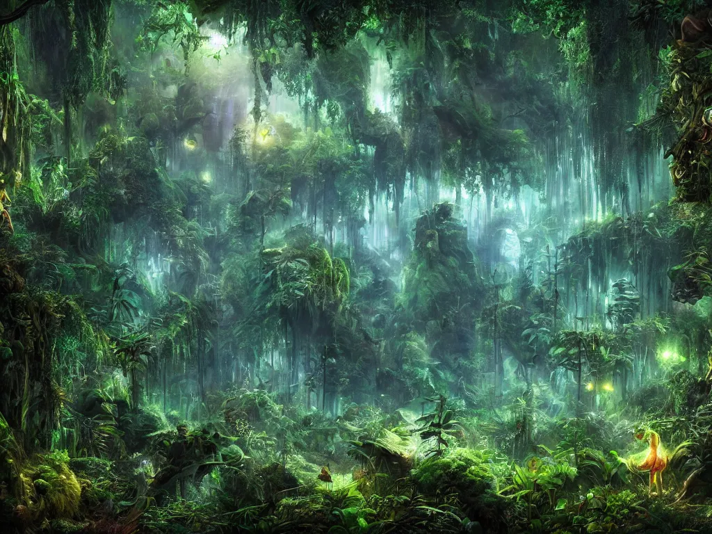 Prompt: a fantasy beautiful dense biorelevant rainforest setting, ultrawide angle, glowing animals surround it with pixie dust ether floating in the air, hdr, epic scale