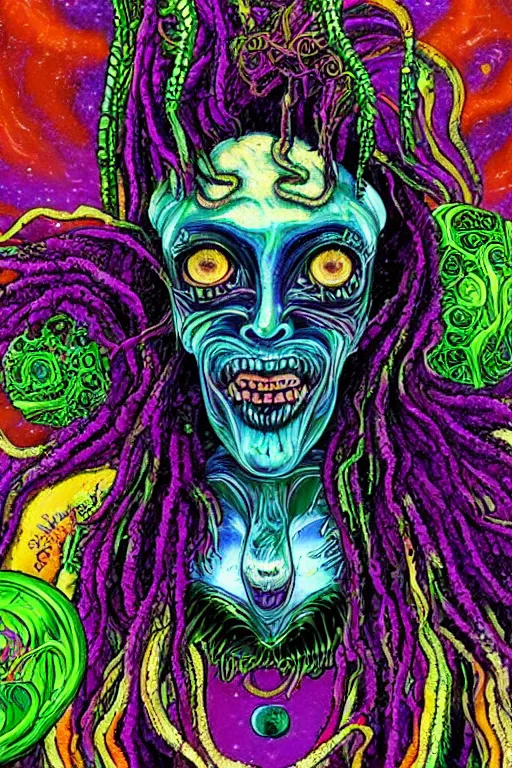 Image similar to a chaotic psychedelic monster with dreadlocks, cosmic horror