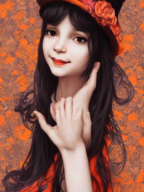 Prompt: Full shot of a cute mischievous young witch about to get up to some trouble. Latin American fashion. Floral patterns. Black and Orange palette. Latina girl. brown skin. defined facial features, symmetrical facial features. Smiling. By Ruan Jia and Artgerm and Range Murata and WLOP and Ross Tran and William-Adolphe Bouguereau. Key Art. Fantasy Illustration. award winning, Artstation, intricate details, realistic, Hyperdetailed, 8k resolution.