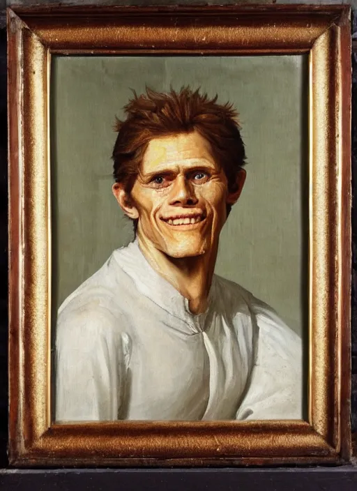 Prompt: portrait painting of young willem dafoe with stubble smiling warmly, renaissance oil painting, studious chiaroscuro