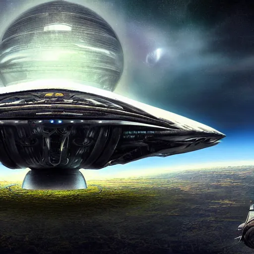 Prompt: a giant spaceship next to Earth in the style of H. R. Giger, realistic painting, high definition, digital art, matte painting, very detailed, realistic