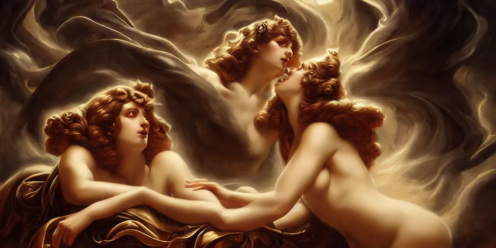 Image similar to greek mythology, by Rolf Armstrong and Evelyn De Morgan and Bastien Lecouffe-Deharme, dramatic lighting, high contrast colors, baroque, empyrean, panoramic view, as trending on Artstation, highly detailed, doom engine,