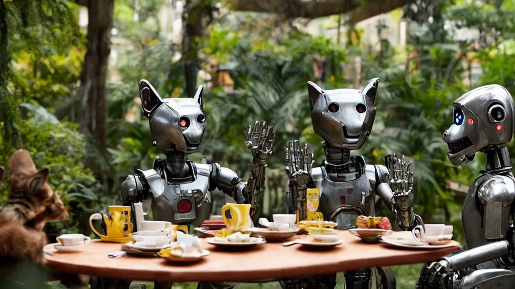 Image similar to film still from the movie chappie of the robot chappie shiny metal outdoor park plants garden scene bokeh depth of field several figures sitting down at a table having a tea party furry anthro anthropomorphic stylized cat ears wolf muzzle head android service droid robot machine fursona