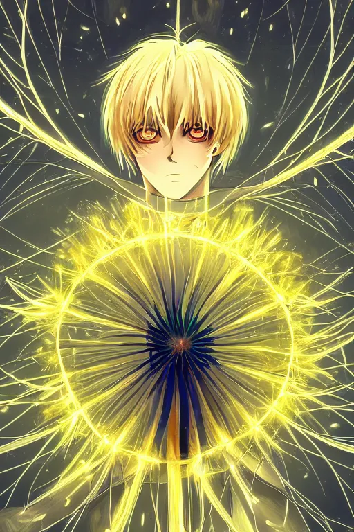 Image similar to glowing luminescent dandelion male anime character, symmetrical, highly detailed, digital art, sharp focus, trending on art station, amber eyes, autumnal colours