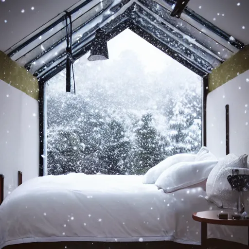 Prompt: snow falling bedroom roof in reverse