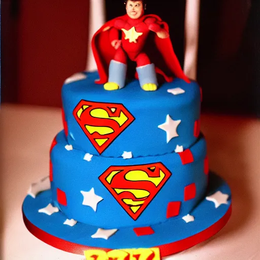 Image similar to cheap superhero birthday cake, kodak film,