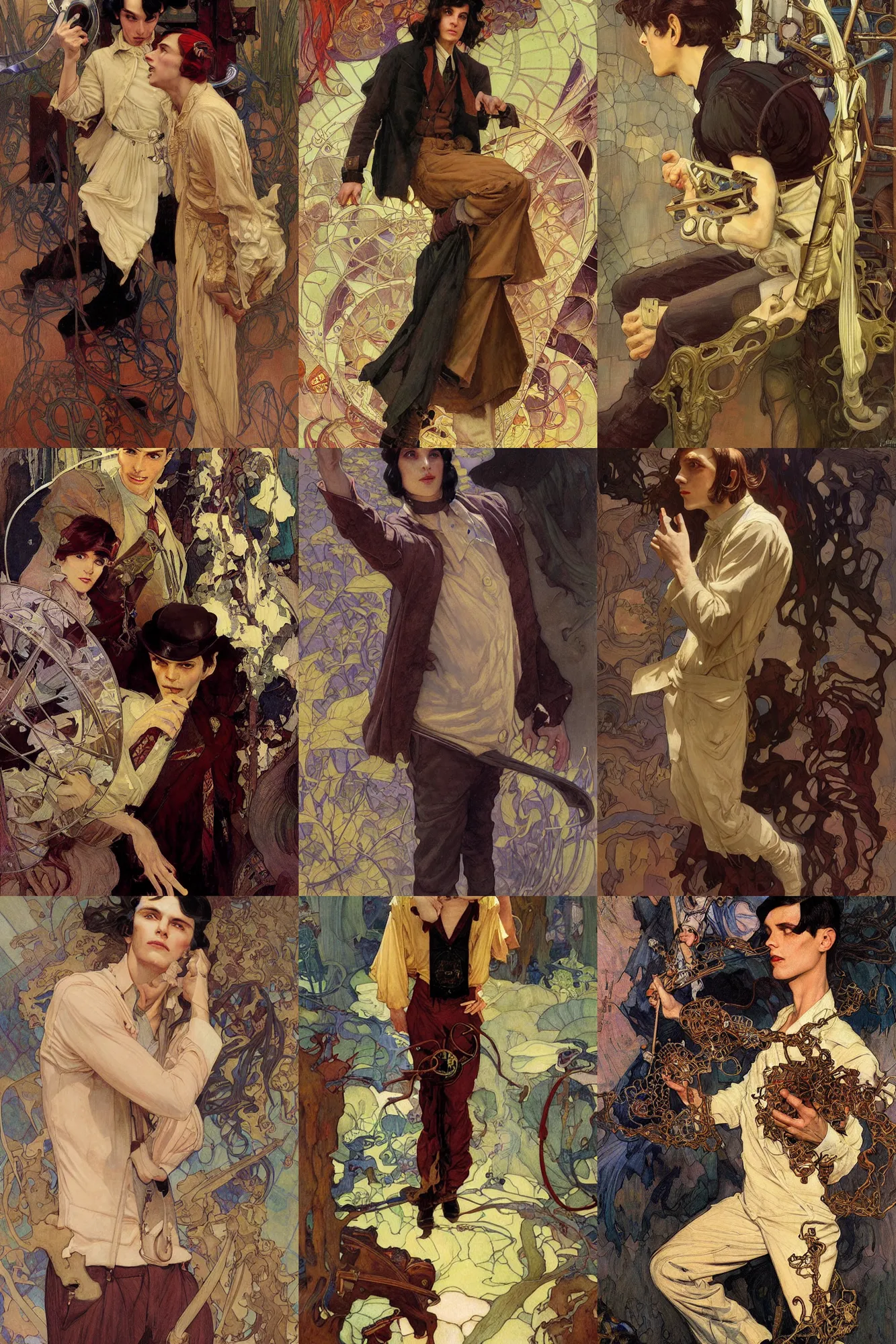 Prompt: thin young male alchemist, long dark hair, 1 9 2 0 s fashion, art by joseph leyendecker, donato giancola, dean cornwell, ruan jia, marc simonetti, ayami kojima, cedric peyravernay, alphonse mucha, victo ngai