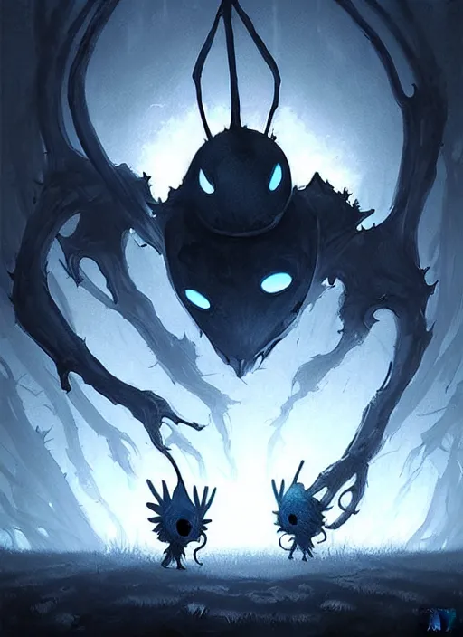 Prompt: horror art, hollow knight, blue peaks with arms in the background, art by greg rutkowski