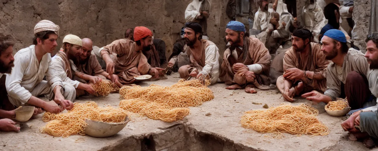 Image similar to ancient babylonians trading spaghetti with merchants, canon 5 0 mm, wes anderson film, kodachrome