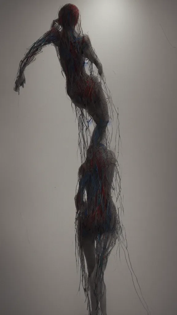Image similar to rgb, woman, bedroom, cinematic, movie scene, inspired by zdzislaw beksinski, clothes made out of veins, cables everywhere, bedroom, ultra realistic, concept art, intricate details, highly detailed, photorealistic, octane render, 8 k